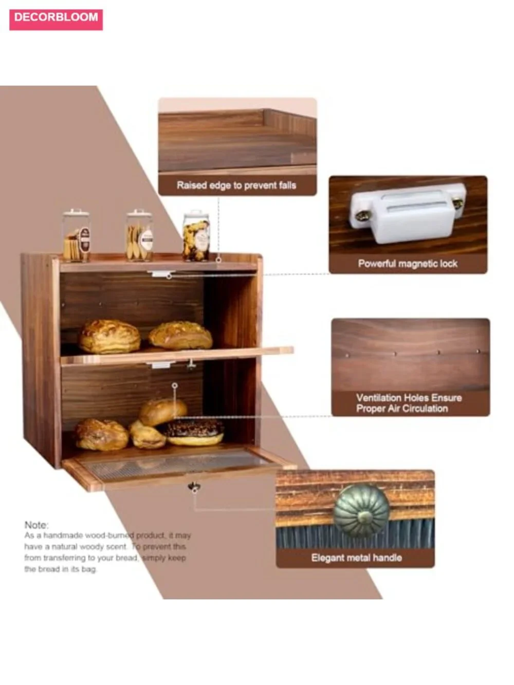 Wooden Bread Box Large 2 Layer Farmhouse Kitchen Countertop Storage with Window
